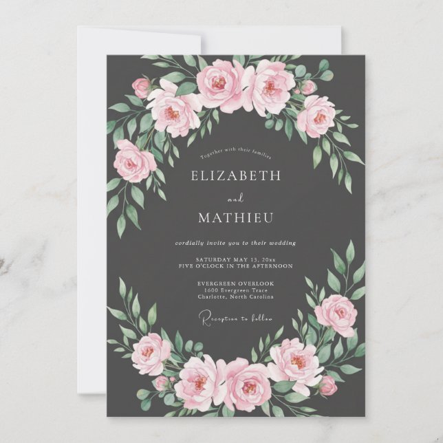 Charcoal Pink Leafy Wedding Invitation (Front)