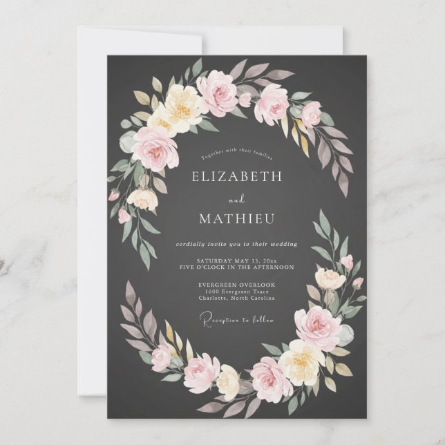 Charcoal Pink Ranunculus Eucalyptus Wedding Invitation (Front)