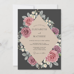 Charcoal Pink Wreath Wedding Invitation