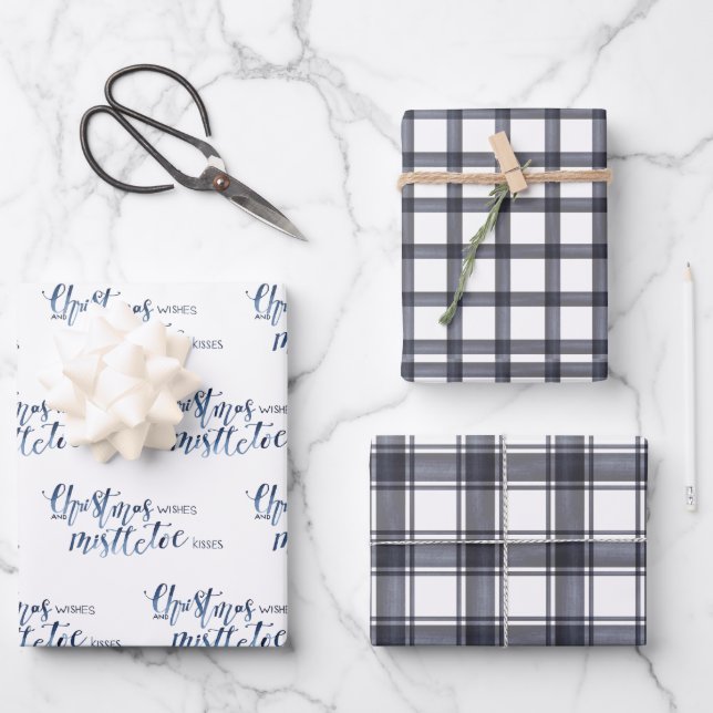 Charcoal Plaid & Christmas Wishes Script Wrapping Paper Sheet (Front)