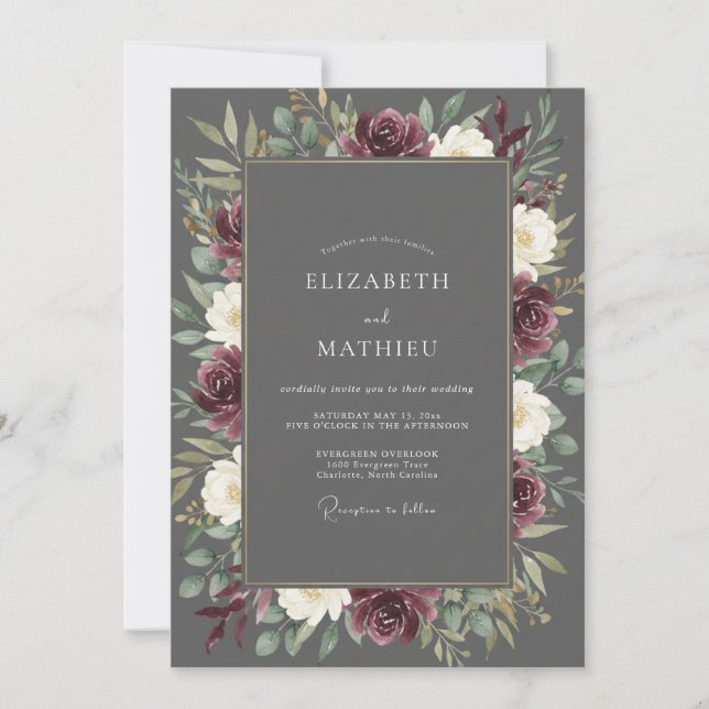 Charcoal Plum Petal Wedding Invitation (Front)