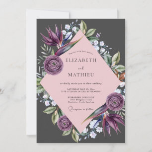 Charcoal Plum Ranunculus Muted Eucalyptus Wedding Invitation