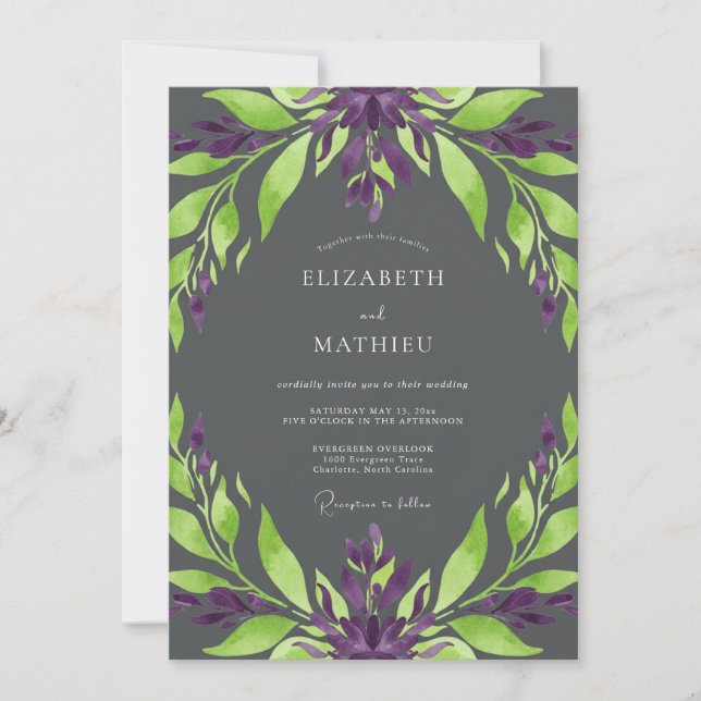Charcoal Purple Foliage Eucalyptus Wedding Invitation (Front)