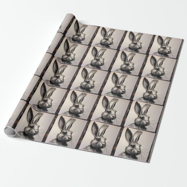 Charcoal Rabbit Sketch Wrapping Paper (Unrolled)