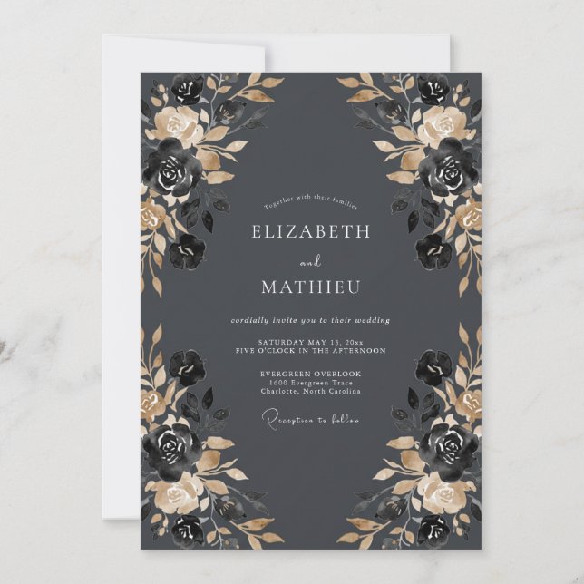 Charcoal Rose Botanical Wedding Invitation (Front)