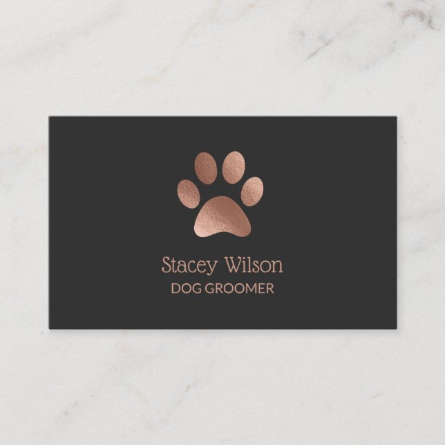 Charcoal Rose Gold Paw Print Logo Dog Groomer Busi Business Card (Front)