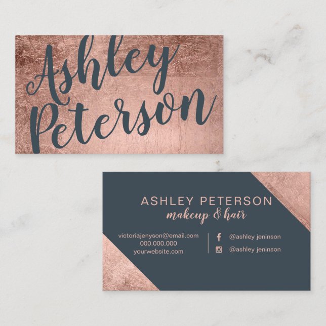 charcoal rose gold white hair makeup typography business card (Front/Back)