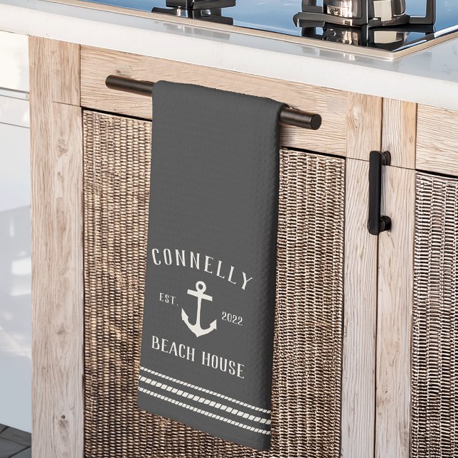 Charcoal Rustic Anchor Personalised Beach House Tea Towel (Creator Uploaded)