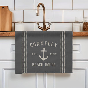 Charcoal Rustic Anchor Personalised Beach House Tea Towel
