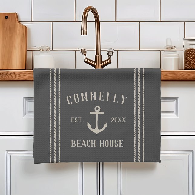 Charcoal Rustic Anchor Personalised Beach House Tea Towel (Creator Uploaded)