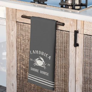 Charcoal Rustic Crab Personalised Shore House Tea Towel