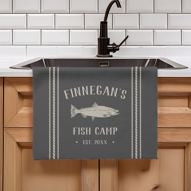 Charcoal Rustic Fish Camp Personalised Tea Towel (Creator Uploaded)