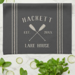 Charcoal Rustic Oars Personalised Lake House Tea Towel<br><div class="desc">Customise your lake house kitchen with this cute personalised towel featuring your family name or house name and year established in soft tan lettering accented with a pair of oars on a charcoal grey background.</div>