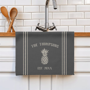 Charcoal Rustic Pineapple Personalised Tea Towel