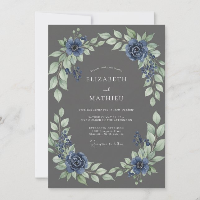 Charcoal Sapphire Foliage Eucalyptus Wedding Invitation (Front)