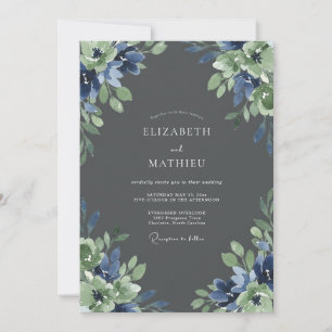Charcoal Sapphire Leafy Wedding Invitation