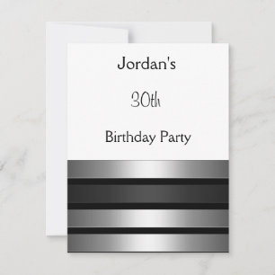 Charcoal Silver Stripes White 30th Birthday Party Invitation