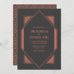 Charcoal Slate & Copper Art Deco Wedding Photo Invitation