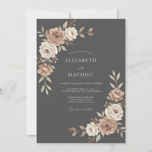 Charcoal Soft Cream Ranunculus Eucalyptus Wedding Invitation (Front)