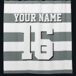 Charcoal Sports Jersey Preppy Stripe Shower Curtain<br><div class="desc">Preppy Striped Team Jersey / Sports Jersey / Football Jersey / Rugby Jersey with Custom Name Customise this with your own name or team name and a number. You can change the size, colour and placement of the text if you need to make changes, change the colour of or remove...</div>