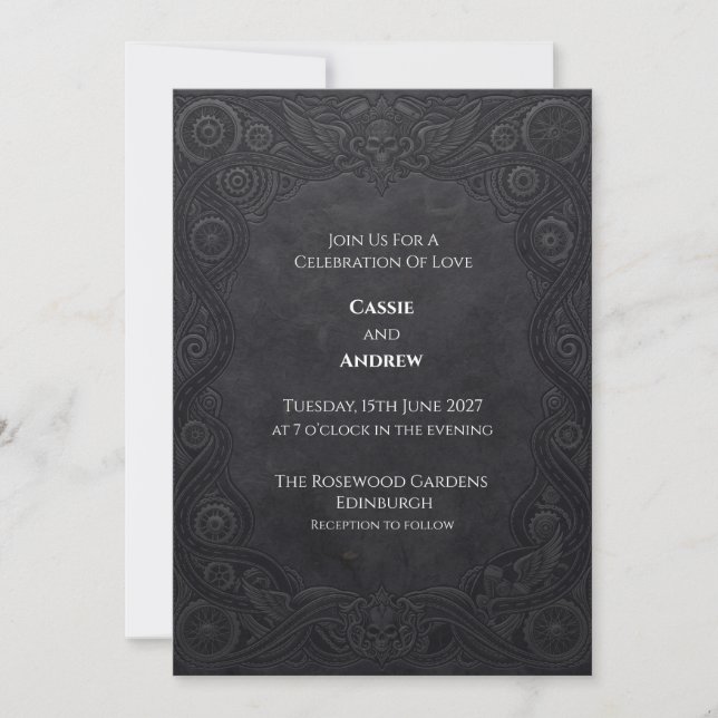 Charcoal Steampunk Gothic Wedding Invitation (Front)