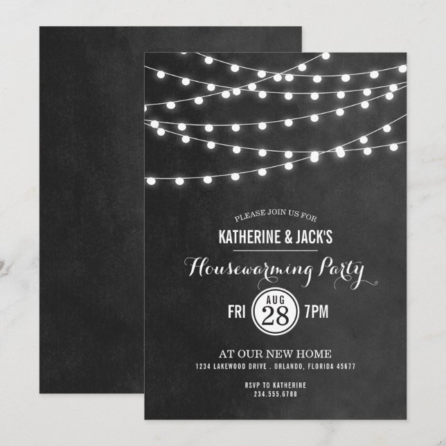 Charcoal String Lights Housewarming Party Invite (Front/Back)