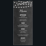 Charcoal String Lights Wedding Menu Card<br><div class="desc">Chic modern summer wedding menu card design with simple elegant glowing string lights hanging across the top and a classy mix of modern and calligraphy script fonts on a printed faux watercolor texture background. A simple and stylish preppy design, perfect for summer! Click the CUSTOMIZE IT button to customise fonts,...</div>