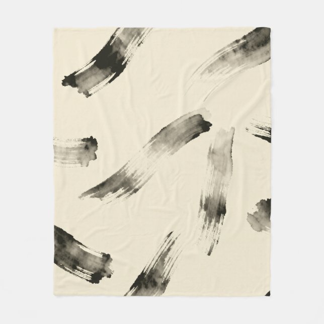 Charcoal Strokes Pattern | Minimal Beige Abstract  Fleece Blanket (Front)