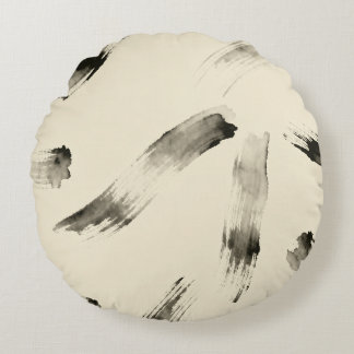Charcoal Strokes Pattern | Minimal Beige Abstract Round Cushion
