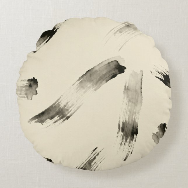 Charcoal Strokes Pattern | Minimal Beige Abstract  Round Cushion (Front)