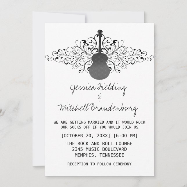 Charcoal Swirls Guitar Wedding Invitation (Front)