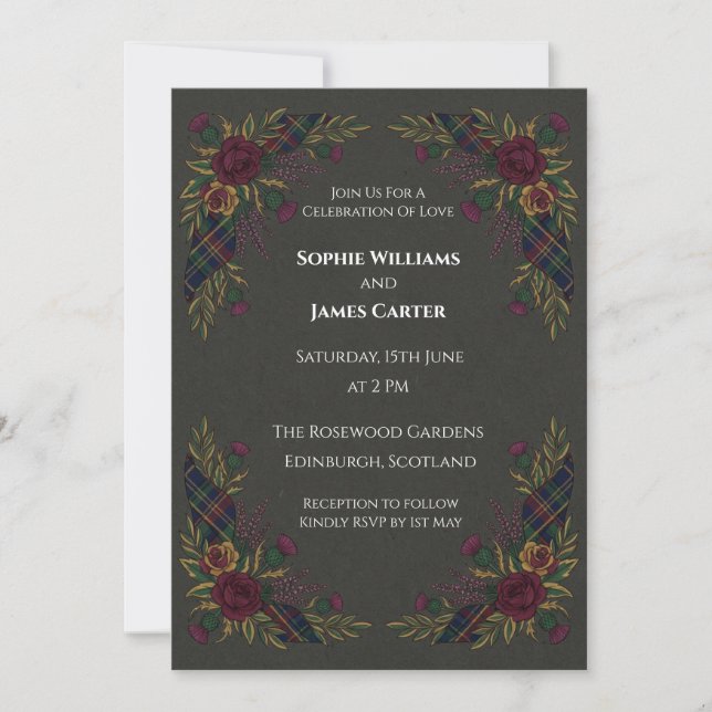 Charcoal Tartan Thistle Wedding Invitation (Front)