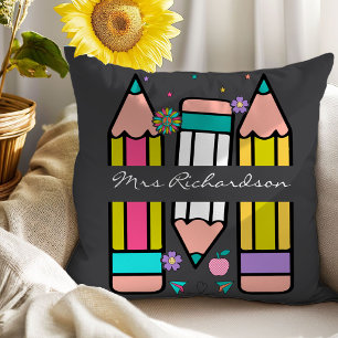 Charcoal Teacher Colourful Pencil Name Throw Pillo Cushion