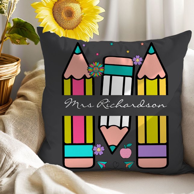 Charcoal Teacher Colourful Pencil Name Throw Pillo Cushion (Creator Uploaded)