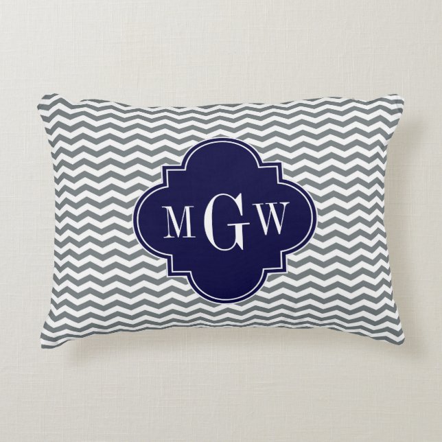Charcoal Thin Chevron Navy Quatrefoil 3 Monogram Decorative Cushion (Front)