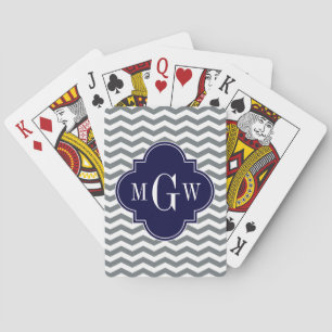 Charcoal Thin Chevron Navy Quatrefoil 3 Monogram Playing Cards