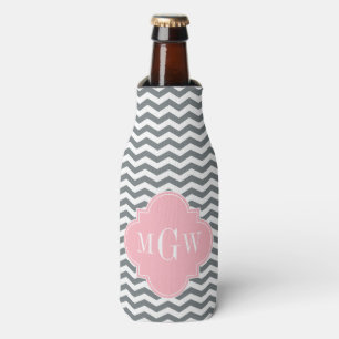Charcoal Thin Chevron Pink Quatrefoil 3 Monogram Bottle Cooler