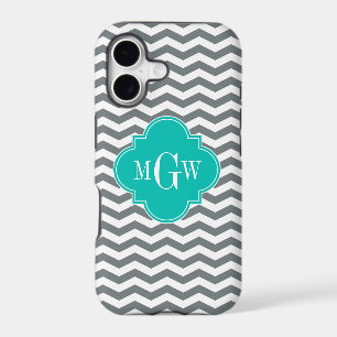 Charcoal Thin Chevron Teal Quatrefoil 3 Monogram
