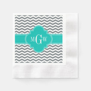 Charcoal Thin Chevron Teal Quatrefoil 3 Monogram Napkin