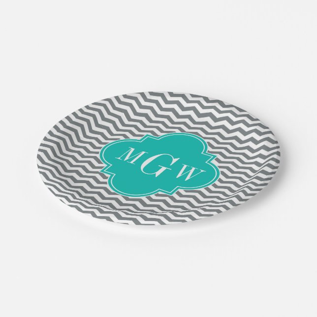 Charcoal Thin Chevron Teal Quatrefoil 3 Monogram Paper Plate (Angled)
