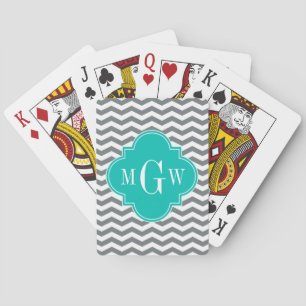 Charcoal Thin Chevron Teal Quatrefoil 3 Monogram Playing Cards