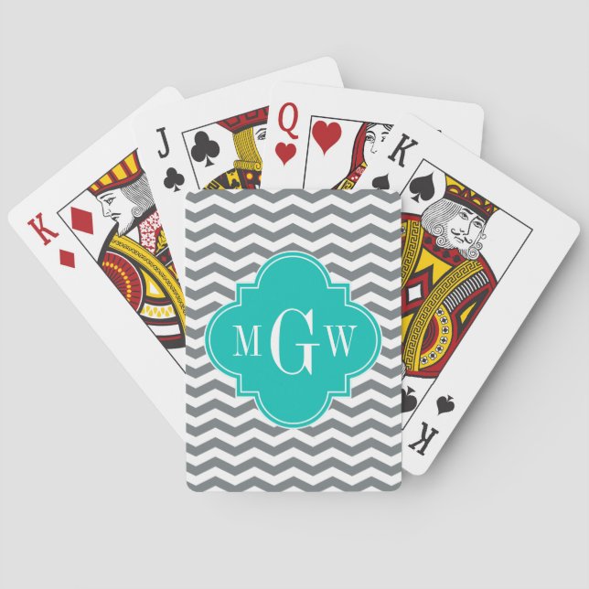 Charcoal Thin Chevron Teal Quatrefoil 3 Monogram Playing Cards (Back)