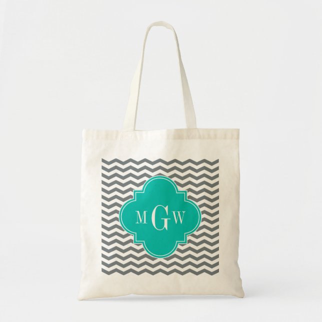 Charcoal Thin Chevron Teal Quatrefoil 3 Monogram Tote Bag (Front)