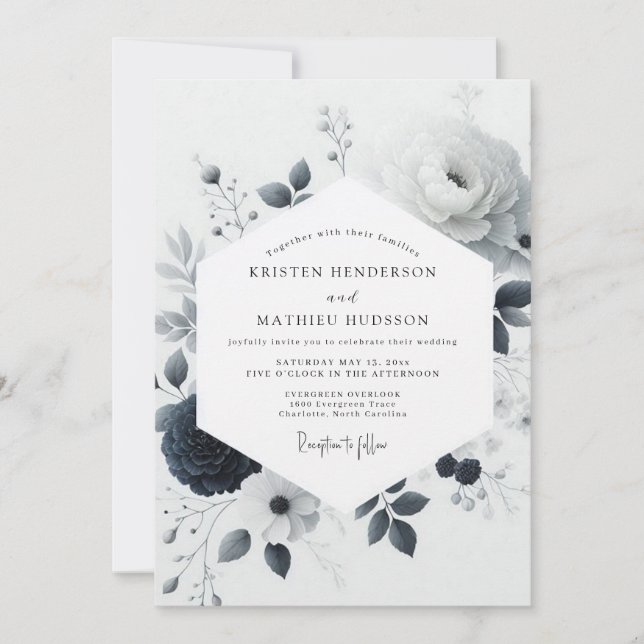 Charcoal Watercolor Bloom Wedding Invitation (Front)