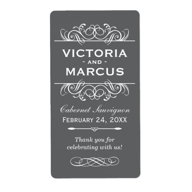 Charcoal Wedding Wine Bottle Monogram Favour Label (Front)