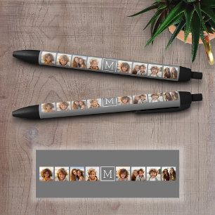 Charcoal White 8 Photo Collage Custom Monogram Black Ink Pen