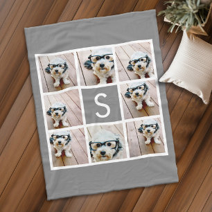 Charcoal White 8 Photo Collage Custom Monogram Fleece Blanket