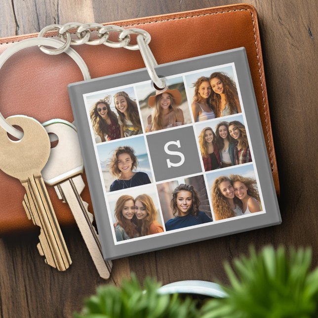 Charcoal White 8 Photo Collage Custom Monogram Key Ring (Personalized keychain with photo collage and monogram)