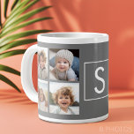 Charcoal White 8 Photo Collage Custom Monogram Large Coffee Mug<br><div class="desc">You can use any photos for this design. Use 8 square photos to create a unique and personal gift. Or you can keep the hipster puppy and make a trendy keepsake. If you need to adjust the pictures,  click on the customise tool to make changes.</div>