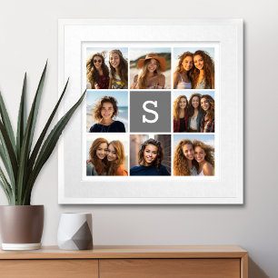 Charcoal White 8 Photo Collage Custom Monogram Poster